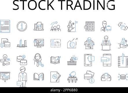 Collection d'icônes de ligne de bourse. Opérations de Forex, fonds communs de placement, opérations de marchandises, banque d'investissement, négociation d'actions, Journée de trading, Portefeuille Illustration de Vecteur