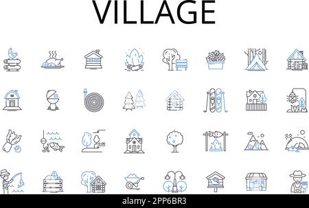 Collection d'icônes de village. Hameau, petite ville, communauté rurale, colonie, campagne, Outpost, vecteur de colonie et illustration linéaire. Canton Illustration de Vecteur