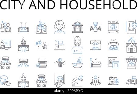 Collection d'icônes de la ville et de la famille. Ville, Metropolis, Centre urbain, Megalopolis, Municipalité, Capitale, vecteur de ville et illustration linéaire Illustration de Vecteur
