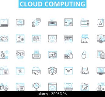 Ensemble d'icônes linéaires de Cloud computing. Stockage, informatique, virtualisation, évolutivité, sécurité, Nerk, vecteur de ligne de plate-forme et signes de concept. Efficacité Illustration de Vecteur
