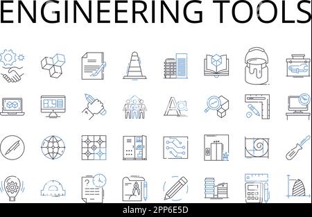 Collection d'icônes de ligne d'outils d'ingénierie. Matériel scientifique, appareils technologiques, machines informatiques, instruments de fabrication, gadgets de recherche Illustration de Vecteur