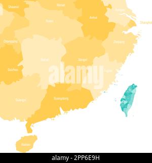 La carte politique de Taïwan et de la Chine a été axée sur Taïwan et les provinces chinoises les plus proches. Les deux pays avec des divisions administratives de couleurs différentes. Carte vectorielle avec étiquettes. Illustration de Vecteur