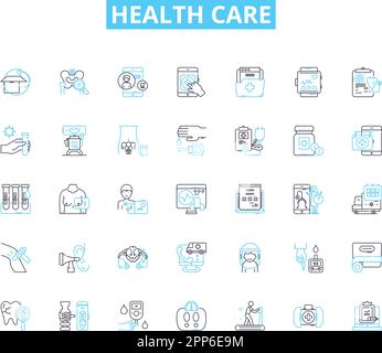 Ensemble d'icônes linéaires de soins de santé. Bien-être, médecine, assurance, prévention, diagnostic, Réhabilitation, vecteur de ligne d'urgence et signes conceptuels. Chirurgie Illustration de Vecteur