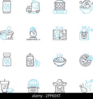 Jeu d'icônes linéaires pour la science nutritionnelle. Macronutriments, micronutriments, vitamines, minéraux, fibres, Protéines, vecteur de ligne de glucides et signes de concept Illustration de Vecteur