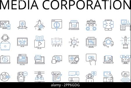 Collection d'icônes de ligne de société multimédia. Point de presse, agence de presse, chaîne de diffusion, maison d'édition, conglomérat de communication, Éditeur de magazines Illustration de Vecteur