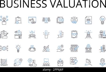 Collection d'icônes de ligne d'évaluation commerciale. Évaluation des actifs, évaluation des biens immobiliers, valeur de l'entreprise, évaluation des capitaux propres, examen des placements, Classement du marché Illustration de Vecteur