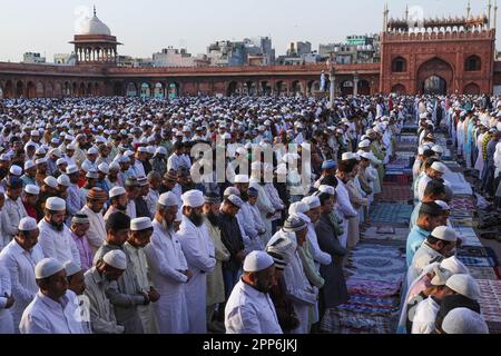 New Delhi, Inde. 22nd avril 2023. Les fidèles musulmans proposent des prières d'Eid al-Fitr à la mosquée historique Jama Masjid de New Delhi. Musulmans dans le monde entier célébrant la joyeuse fête de l'Eid al-Fitr 2023, Eid al-Fitr, également connu sous le nom d'Eid ul-Fitr, marque la fin du mois Saint du Ramadan. (Credit image: © Naveen Sharma/SOPA Images via ZUMA Press Wire) USAGE ÉDITORIAL SEULEMENT! Non destiné À un usage commercial ! Banque D'Images