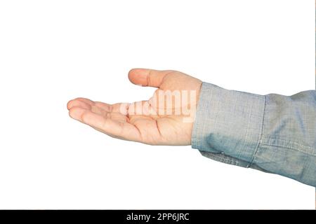 La main de l'homme en chemise est la mendicité de quelque chose d'isolé sur fond blanc. Paume, gros plan. geste de mendicité avec la main. Banque D'Images