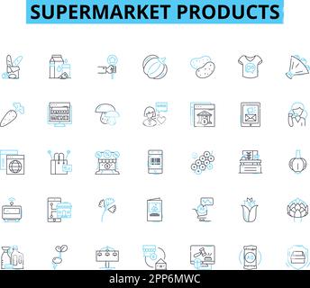 Jeu d'icônes linéaires pour les produits de supermarché. Produits alimentaires, produits laitiers, viande, boulangerie, Surgelés, étiquettes vectorielles et de concept de gamme de collations. Boissons, en conserve Illustration de Vecteur