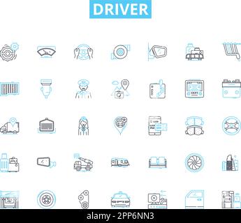 Jeu d'icônes linéaires de pilote. Pédale, direction, plaque d'immatriculation, boîte de vitesses, véhicule, Accélérer, vecteur de ligne de frein et signes de concept. Route,autoroute,tracé de la circulation Illustration de Vecteur