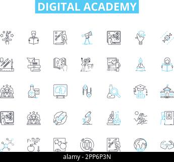 Jeu d'icônes linéaires digital academy. Éducation, technologie, innovation, apprentissage, formation, Compétences, vecteur de ligne de numérisation et signes de concept Illustration de Vecteur