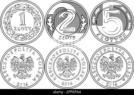 Vecteur inverse et inverse argent polonais une, deux et cinq pièces d'or et d'argent zloty. Noir et blanc Illustration de Vecteur