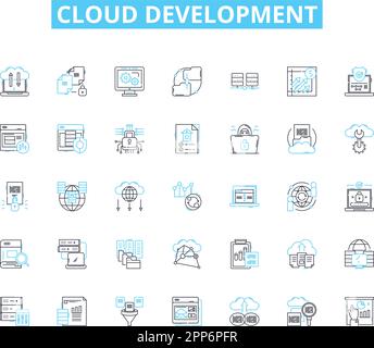 Ensemble d'icônes linéaires de développement de cloud. Évolutivité, virtualisation, automatisation, conteneurisation, DevOps, Microservices, vecteur de ligne natif au cloud et Illustration de Vecteur