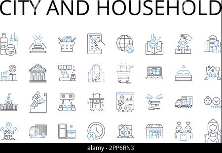 Collection d'icônes de la ville et de la famille. Ville, Metropolis, Centre urbain, Megalopolis, Municipalité, Capitale, vecteur de ville et illustration linéaire Illustration de Vecteur