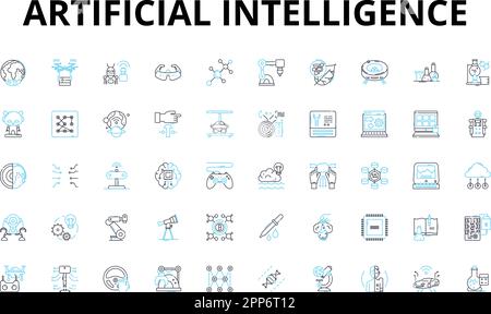 Jeu d'icônes linéaires d'intelligence artificielle. Algorithmes, automatisation, Big Data, Chatbots, cognitif, Complexité, symboles de vecteur de calcul et ligne Illustration de Vecteur