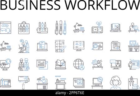Collection d'icônes de lignes de flux de travail d'entreprise. Processus de travail, route des tâches, procédure de travail, flux de production, cycle des opérations, Séquence d'entretien, opérationnel Illustration de Vecteur