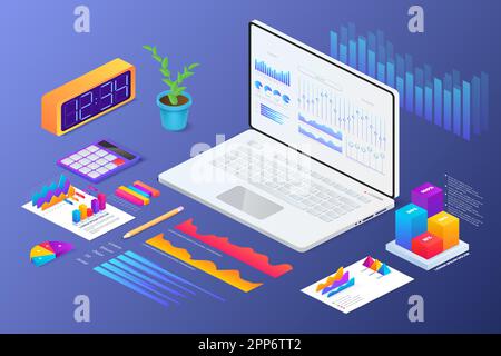 Analyse isométrique des PC portables. Graphiques de données de marché. Rapport pour analyse commerciale. 3D graphique de stratégie. Recherche Web financière. Conception d'infographies de surveillance statistique. Illustration de l'espace de travail de bureau Vector Illustration de Vecteur