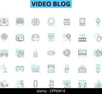 Jeu d'icônes linéaires de blog vidéo. Vlog, contenu, caméra, montage, YouTube, Influenceur, vecteur de ligne de canal et signes de concept. Engagement,production Illustration de Vecteur