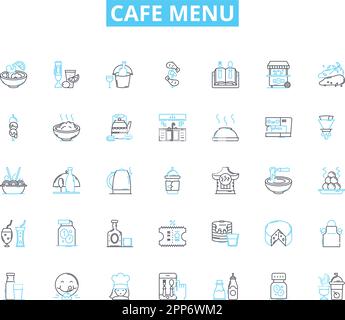 Icônes linéaires du menu café définies. Brunch, café, pâtisseries, sandwichs, salades, Smoothies, vecteur de ligne de thé et signes de concept. Petit déjeuner, desserts, bagels Illustration de Vecteur