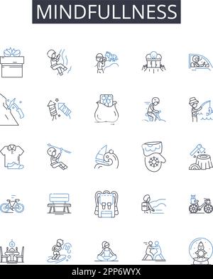 Collection d'icônes Mindplénitude Line. Conscience de soi, introspection, réflexion personnelle, paix intérieure, présence de l'esprit, Pensée concentrée, concentrée Illustration de Vecteur