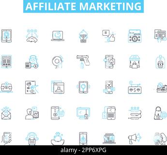 Marketing de filiale linéaire icônes ensemble. Commissions, ventes, commissions, promotions, Nerking, Revenus, vecteur de ligne en ligne et signes de concept. Marketing Illustration de Vecteur