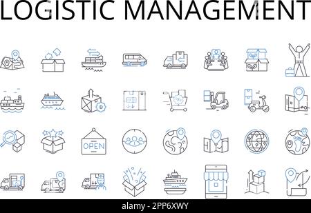 Collection d'icônes de ligne de gestion logistique. Chaîne d'approvisionnement, plan de distribution, stratégie d'expédition, manutention, contrôle des stocks, Gestion de parc Illustration de Vecteur