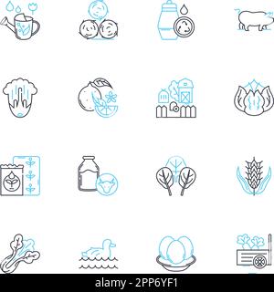 Jeu d'icônes linéaires d'agriculture renouvelable. Durable, biologique, régénératif, écologique, naturel, Panneaux de signalisation et de vecteur de ligne efficaces et à faible impact Illustration de Vecteur