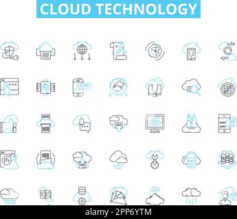Ensemble d'icônes linéaires de la technologie Cloud. Évolutivité, virtualisation, automatisation, efficacité, sécurité, Flexibilité, vecteur et concept de ligne natif au cloud Illustration de Vecteur