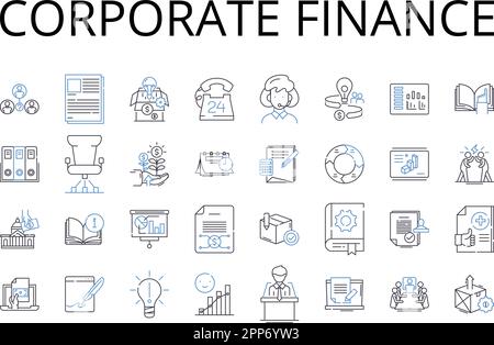 Collection d'icônes de la ligne de financement d'entreprise. Gestion des affaires, planification financière, banque d'investissement, analyse économique, principes comptables, Marché Illustration de Vecteur