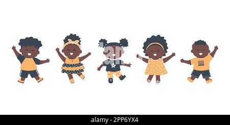 Danse de petits enfants noirs. Groupe de filles et de garçons ont du plaisir. Personnages de dessin animé mignons. Illustration vectorielle Illustration de Vecteur