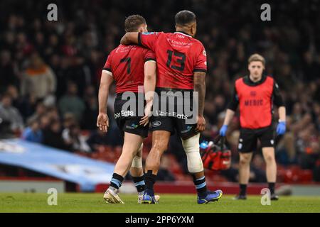 Thomas Young de Cardiff célèbre son essai lors du match de rugby de championnat de rugby de rugby de l'Ospreys contre le rugby de Cardiff au stade de la Principauté, Cardiff, Royaume-Uni, 22nd avril 2023 (photo de Craig Thomas/News Images) Banque D'Images
