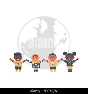 Groupe multiculturel d'enfants tenant la main. Les enfants se tiennent sur le fond du globe. Joyeux bébé filles et bébé garçons. Illustration vectorielle. Illustration de Vecteur