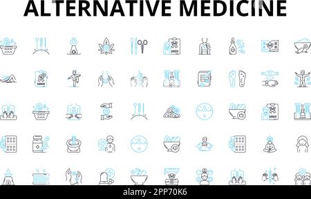 Jeu d'icônes linéaires de médecine alternative. Acupuncture, Aromatherapy, Ayurveda, Biofeedback, Chakra, La chiropratique, la détoxification vecteur symboles et la ligne Illustration de Vecteur