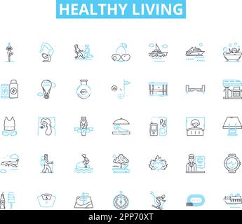 Ensemble d'icônes linéaires de vie saine. Nutrition, exercice, méditation, bien-être, nettoyer, Bio, vecteur de ligne de yoga et signes de concept. Hydratation, active Illustration de Vecteur