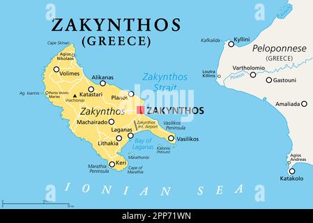 Zakynthos, île grecque, carte politique. Également connu sous le nom de Zakinthos ou Zante, une partie des îles Ioniennes en Grèce, et une unité régionale séparée. Banque D'Images