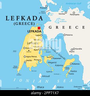 Lefkada, unité régionale, carte politique. Une partie des îles Ioniennes en Grèce, également connues sous le nom de Lefkas, Leukas ou Leucadia. Avec les îles Tilevoides. Banque D'Images