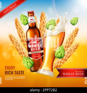 Bière maltée réaliste, bannière publicitaire, bouteille avec étiquette et verre avec boisson mousse. Levure de produits à boire de qualité supérieure, alcool liquide, bulles de brasserie. Modèle carré de publicité réaliste vectoriel Illustration de Vecteur