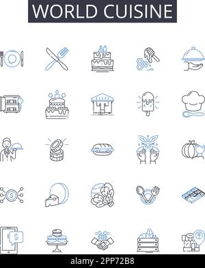 Collection World cuisine Line Icons. Cuisine fine, produits frais, cuisine côtière, cuisine gastronomique, saveurs salées, Ingrédients riches, plats régionaux Illustration de Vecteur