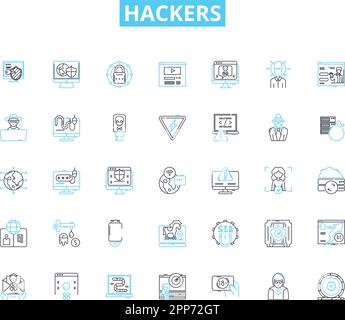 Ensemble d'icônes linéaires de hackers. Cybercriminels, intrus, crackers, Hacktivistes, Black Hats, Chapeaux blancs, vecteur de ligne indésirable et panneaux de concept. Espions Illustration de Vecteur