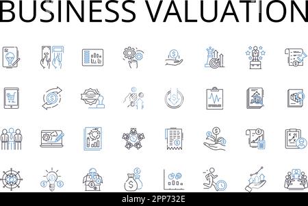 Collection d'icônes de ligne d'évaluation commerciale. Évaluation des actifs, évaluation des biens immobiliers, valeur de l'entreprise, évaluation des capitaux propres, examen des placements, Classement du marché Illustration de Vecteur