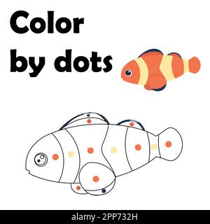 Animal de mer. Couleur par points. Feuille de travail de dessin préscolaire. Poisson d'clown marin. Tâche de développement. Exercice de tutoriel sur l'étude des enfants. Jeu de pépinière. Peinture de poissons rouges d'océan. Page de coloriage pédagogique vectoriel Illustration de Vecteur