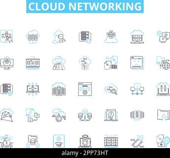 Ensemble d'icônes linéaires de mise en réseau dans le cloud. Virtualisation, évolutivité, élasticité, automatisation, multi-location, Agilité, flexibilité vecteur de ligne et concept Illustration de Vecteur