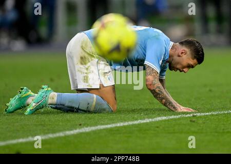 Rome, Italie. 22nd avril 2023. Mattia Zaccagni de SS Lazio semble abattu pendant la série Un match de football entre SS Lazio et le FC de Turin au stade Olimpico à Rome (Italie), 22 avril 2023. Credit: Insidefoto di andrea staccioli/Alamy Live News Banque D'Images