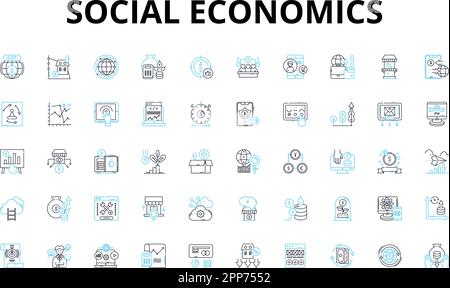 Ensemble d'icônes linéaires d'économie sociale. Inégalité, bien-être social, capitalisme, socialisme, redistribution, Injustice, symboles de vecteur de pauvreté et concept de ligne Illustration de Vecteur