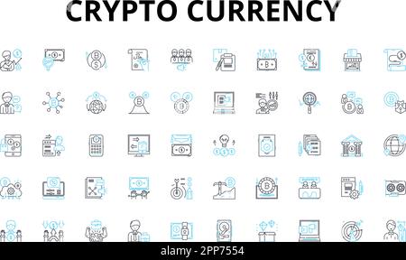 Jeu d'icônes linéaires de la devise Crypto. Blockchain, Bitcoin, Ethereum, Altcoins, Wallet, Extraction, échange de symboles vectoriels et de panneaux de concept de ligne Illustration de Vecteur