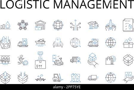 Collection d'icônes de ligne de gestion logistique. Chaîne d'approvisionnement, plan de distribution, stratégie d'expédition, manutention, contrôle des stocks, Gestion de parc Illustration de Vecteur