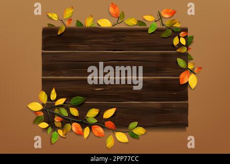 Panneau en bois de chute. Bois d'automne. Bois et feuilles réalistes. Branche forestière. Ancien cadre. Flore jaune et rouge. Feuillage automnal. Panneau d'affichage en bois franc vide. Modèle d'arrière-plan de conception vectorielle Illustration de Vecteur