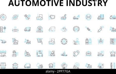 Jeu d'icônes linéaires de l'industrie automobile. Automobiles, véhicules, voitures, camions, motocycles, Fabrication, symboles vectoriels d'ingénierie et concept de ligne Illustration de Vecteur