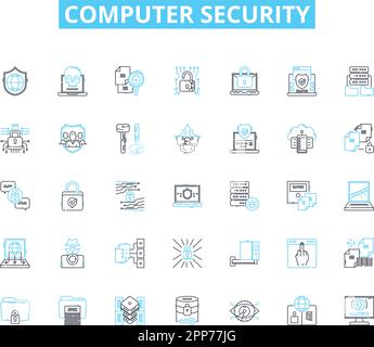 Jeu d'icônes linéaires de sécurité informatique. Pare-feu, cryptographie, logiciel malveillant, authentification, cryptage, Hameçonnage, vecteur de ligne de virus et signes de concept Illustration de Vecteur