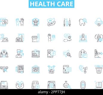 Ensemble d'icônes linéaires de soins de santé. Bien-être, médecine, assurance, prévention, diagnostic, Réhabilitation, vecteur de ligne d'urgence et signes conceptuels. Chirurgie Illustration de Vecteur